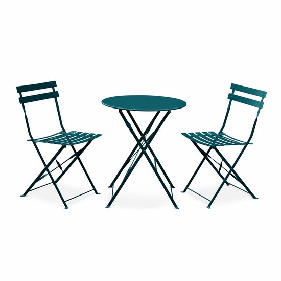 sweeek - Bistrotuinset ronde metalen tafel met twee stoelen inklapbaar - emilia