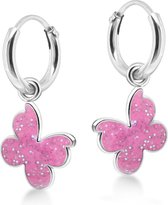 Joy|S - Zilveren vlinder bedel oorbellen glitter roze oorringen