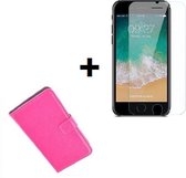 iPhone SE (2020) hoes wallet bookcase hoesje Cover P roze + Tempered Gehard Glas / Glazen screenprotector Pearlycase