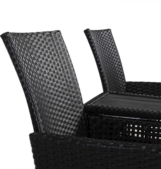 Detail van de rugleuningen van de zwarte polyrattan bank met een geweven textuur.