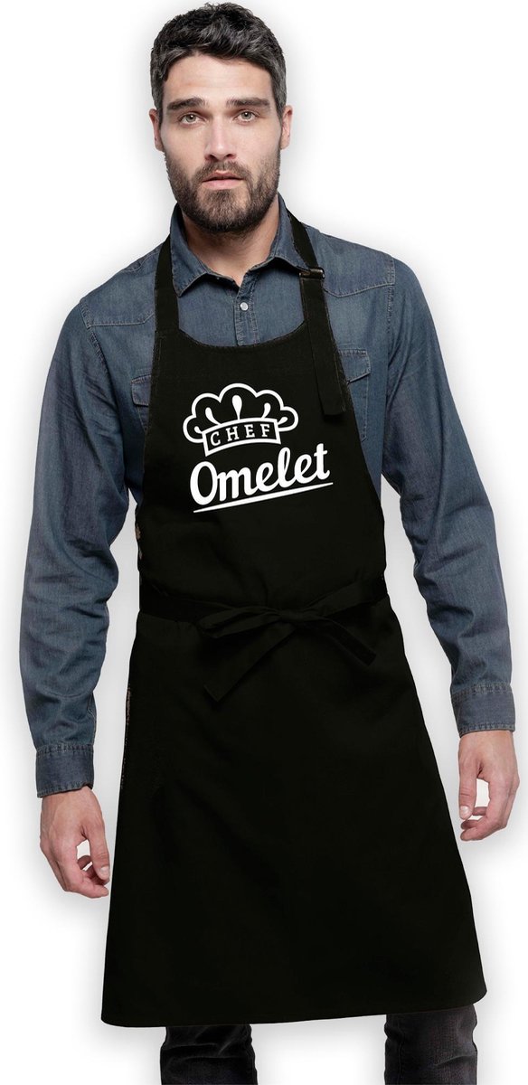 Keukenschort Chef Omelet - Heren Dames - Horecakwaliteit - One size - Verstelbaar - Wasbaar - Cadeau Verjaardag Feest Grappig Geintje Jubileum Pensioen Zomaar Bedankt BBQ - Zwart