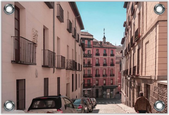 Tuinposter –Plaza Mayor Roze Huisjes - Spanje-60x40  Foto op Tuinposter (wanddecoratie voor buiten en binnen)