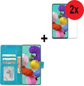 Samsung Galaxy A71 / A71s Hoes Wallet Book Case Cover Pearlycase Turquoise + 2X Screenprotector Tempered Gehard Glas 2 stuks