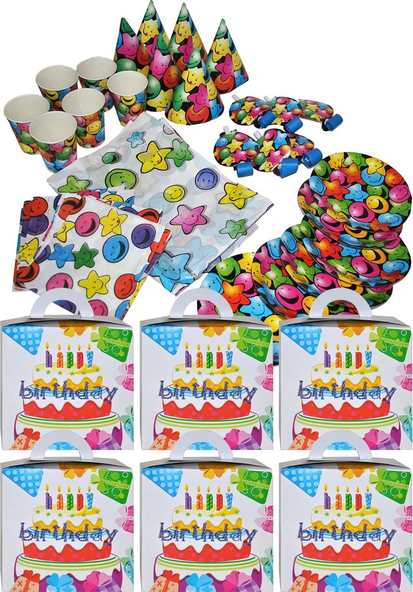Verjaardagset voor 6 kinderen - Birthday set - verjaardagsfeest- 6 kids box - 6 hoedjes - 6 bekers - 20 servieten - 6 bordjes - 6 toeters - 1 tafellaken