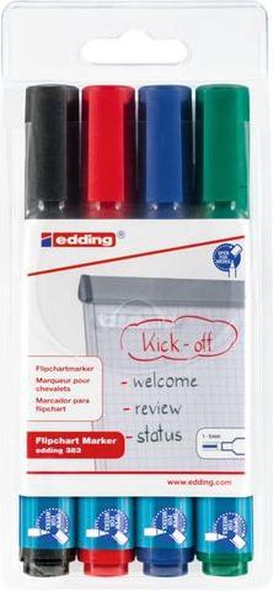 edding 383 flipover marker - zwart/blauw/rood/groen - bijtelpunt 1 - 5 mm - geschikt voor flipchart - drukt niet door op papier - edding