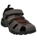 Donkerbruine Teva sandalen met klittenbandsluiting en geel-zwarte veters. Tekst op de zool "SHOCKPAD".