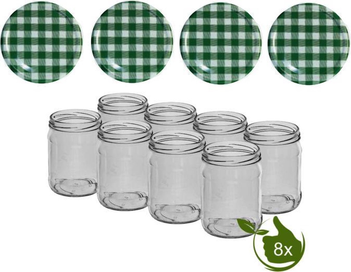 Glazenpotten - glazen potten - inmaak 500 ml met twist-off deksel (Groen/Wit) 8 stuks