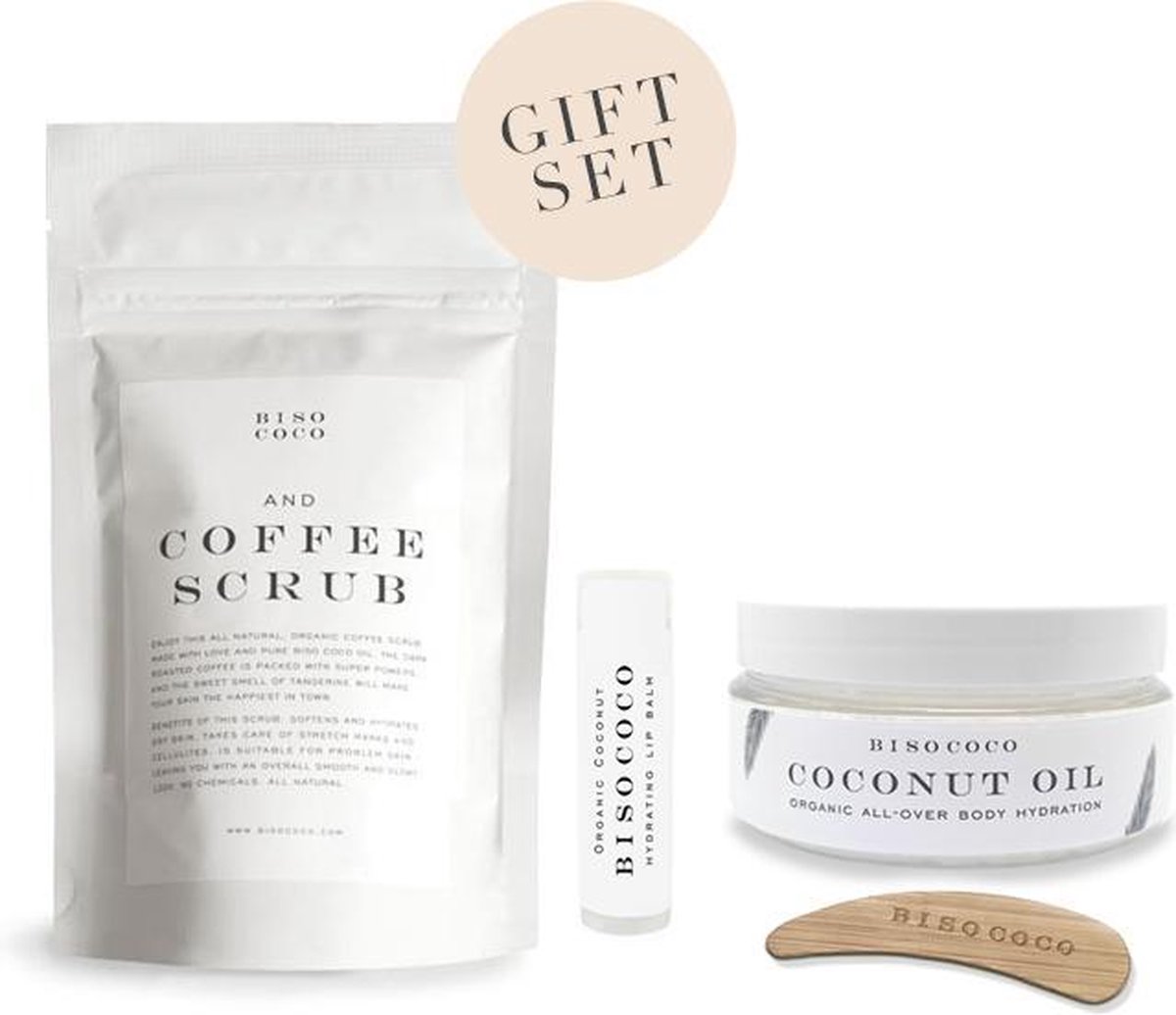 Goedkoopste Bisococo Geschenkset Biologische Kokos Olie, Body Scrub, Lippen Balsem - Cadeau Set Huidverzorging