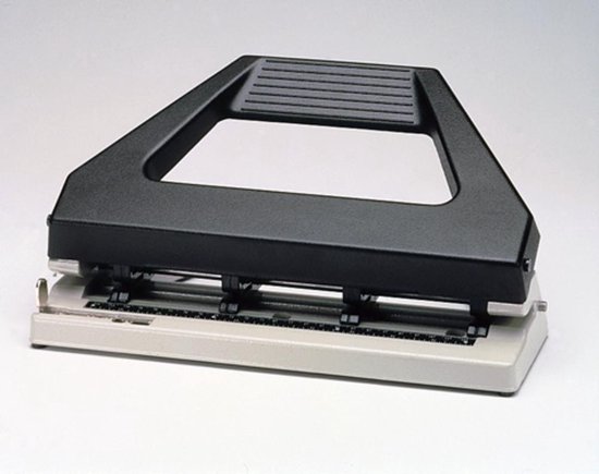 Zwarte Rexel 4-gaats perforator met beige basis, metalen perforatiearmen en maatverdeling.