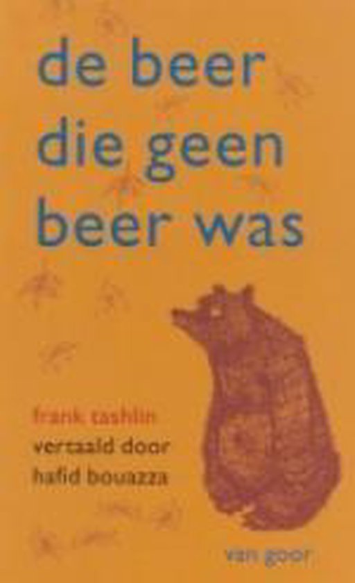 Boek "de beer die geen beer was" met een bruine beer illustratie op een oranje achtergrond met tekst.