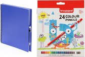 Blauw schetsboek/tekenboek met 24 kleurpotloden - Tekenen/kleuren