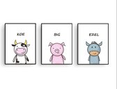 Postercity - Canvas Poster set Blije Big Koe Ezel met Tekst / Boerderij Dieren / Kinderkamer / Dieren Poster / Babykamer - Kinderposter / Babyshower Cadeau / Muurdecoratie / 40 x 30cm / A3