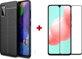 Silicone Leatherlook TPU gel zwart hoesje Samsung Galaxy A41 met (full cover) glas screenprotector