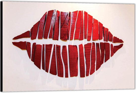 Dibond –Houten Rode Lippen– 40x30 Foto op Aluminium (Wanddecoratie van metaal)