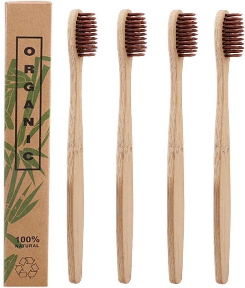 Bamboe Tandenborstels |Set Van 4 Tandenborstels | Medium soft | Biologisch Afbreekbaar | Bruin