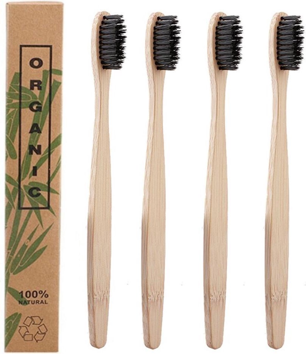 Bamboe Tandenborstels |Set Van 4 Tandenborstels | Medium soft | Biologisch Afbreekbaar | Zwart