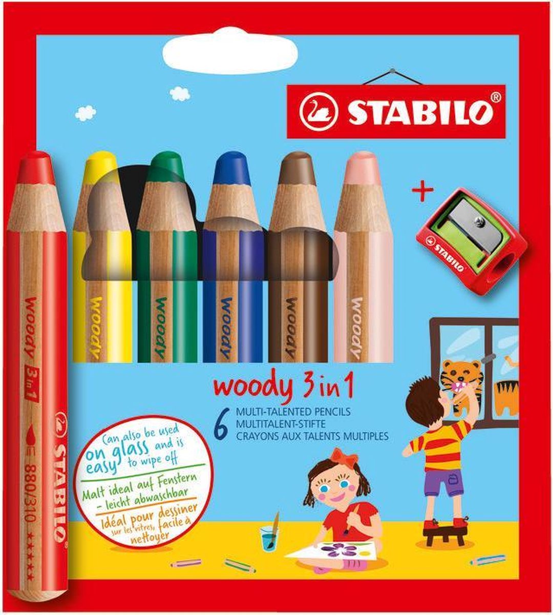 STABILO Woody 3 in 1 - Multi Talent Kleurpotlood - Etui Met 6 Kleuren + puntenslijper