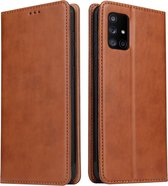 Voor Galaxy A51 Fierre Shann PU lederen textuur horizontale flip lederen tas met houder & kaartsleuven & portemonnee (bruin)