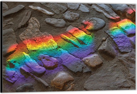 Dibond –Rotsen met regenboogstralen– 40x30 Foto op Aluminium (Wanddecoratie van metaal)