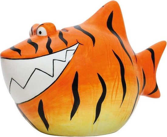 Dieren spaarpot oranje tijgerhaai 13 13 x 11 x 7,5 cm - Haaien dieren cadeau spaarpotten - Geld sparen - Leren omgaan met geld