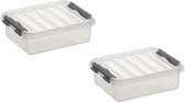 2x stuks sunware Q-Line opberg boxen/opbergdozen 1 liter 20 x 15 x 6 cm kunststof - Platte opslagboxen - Opbergbakken kunststof transparant/zilver