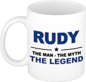 Naam cadeau Rudy - The man, The myth the legend koffie mok / beker 300 ml - naam/namen mokken - Cadeau voor o.a verjaardag/ vaderdag/ pensioen/ geslaagd/ bedankt