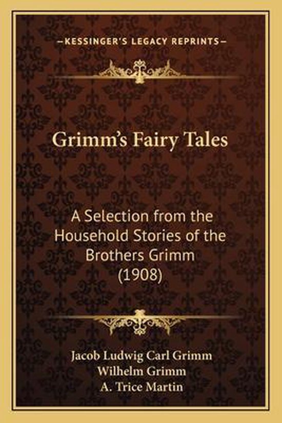De kaft van Grimm's Fairy Tales in bruine tinten met decoratieve patronen.