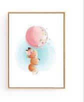 Postercity - Design Canvas Poster Vosje met Ballon en Bloemetjes / Kinderkamer / Dieren Poster / Babykamer - Kinderposter / Babyshower Cadeau / Muurdecoratie / 50 x 40 cm