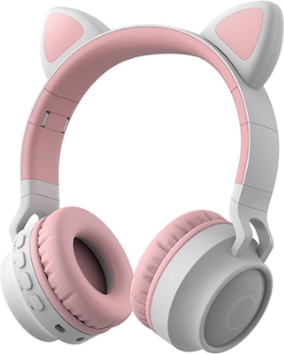Kinder hoofdtelefoon - koptelefoon Bluetooth met led katoortjes licht grijs - roze