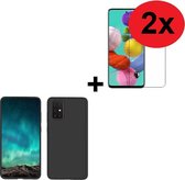 Samsung Galaxy A51 hoes TPU Siliconen Case hoesje Zwart + 2x Screenprotector Tempered Gehard Glas - 2 stuks - Pearlycase