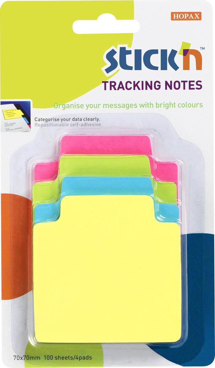 Stick'n Tracking index Note - 70.2x70.2mm, 4 neon kleuren, 4x25 sticky ...