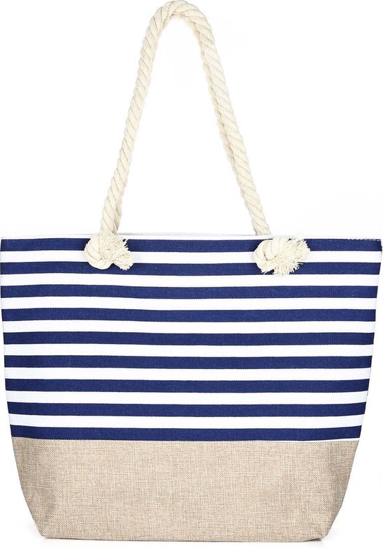 Ruime strandtas met strepen, donkerblauw/wit | bol.com