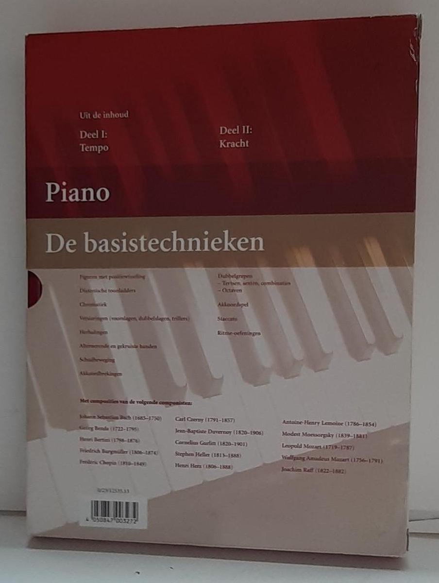 Achterkant van het boek 'Piano De basistechnieken'. Lijsten met technieken en componisten.