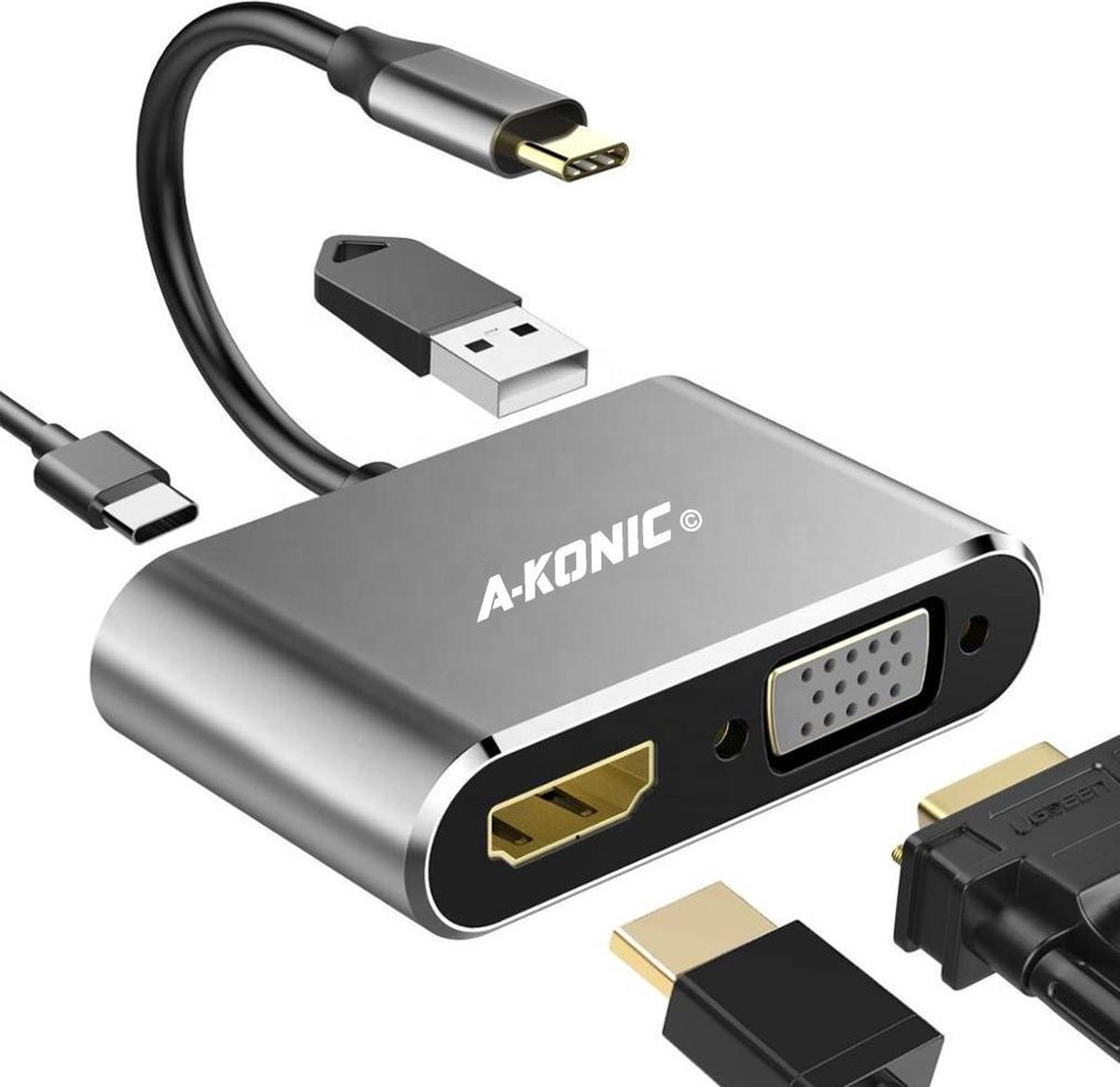 4 in 1 USB C naar HDMI 4K, VGA, usb-c opladen (thunderbolt) & USB A | Type c adapter to HDMI, VGA, Type-C charging & USB 3.0| Apple Macbook | Chromebook | IMAC | Surface | XPS | Dell | Lenovo | Samsung | HP |A-KONIC©