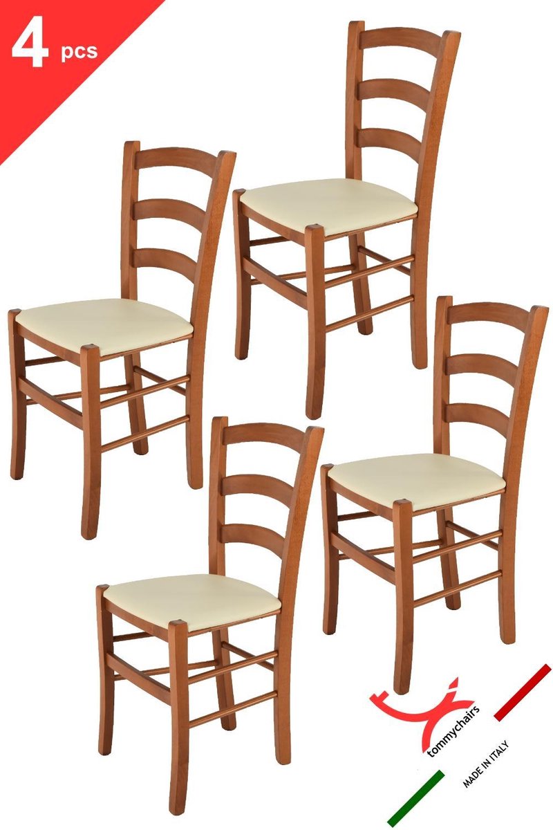 Tommychairs Venice - Eetkamerstoelen - Set van 4 - Kersenhout & Ivoor - Kunstleer