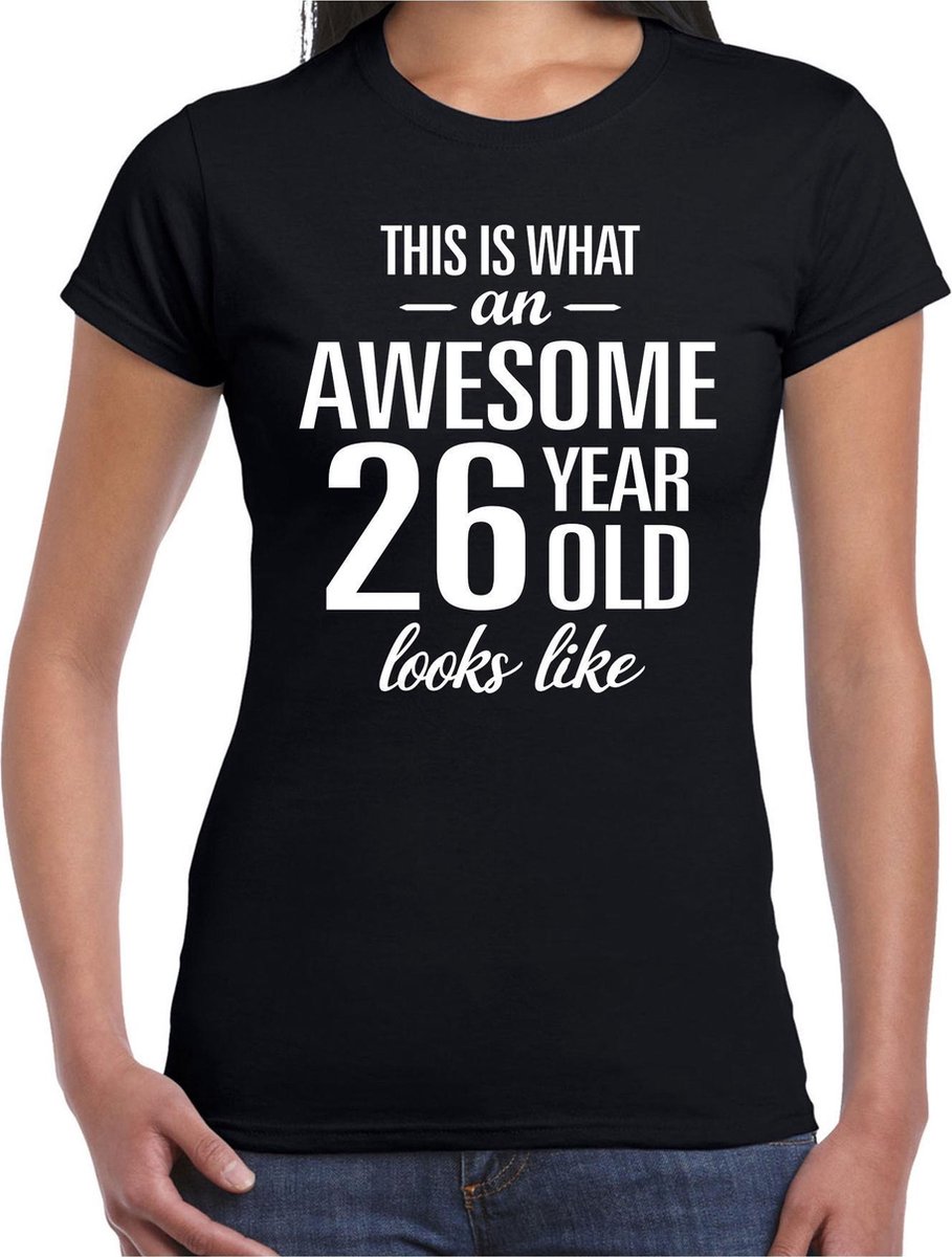 Afbeelding van product Bellatio Decorations  Awesome 26 year - geweldig 26 jaar cadeau t-shirt zwart dames - Verjaardag cadeau XS  - maat XS