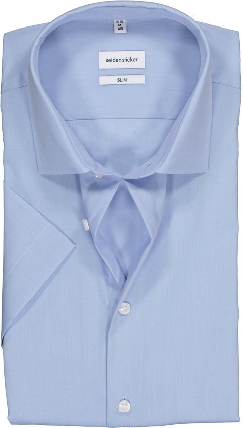 Seidensticker slim fit overhemd - korte mouw - lichtblauw fil a fil - Strijkvrij - Boordmaat: 44