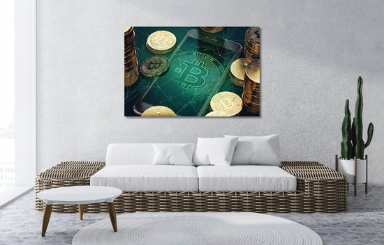 ✅ Money • Bitcoin Crypto 1 Canvas 150x100 cm • Foto print op Canvas schilderij ( Wanddecoratie woonkamer / slaapkamer / keuken / kantoor / bar / restaurant ) / Money / Geld Canvas Schilderijen / Poster