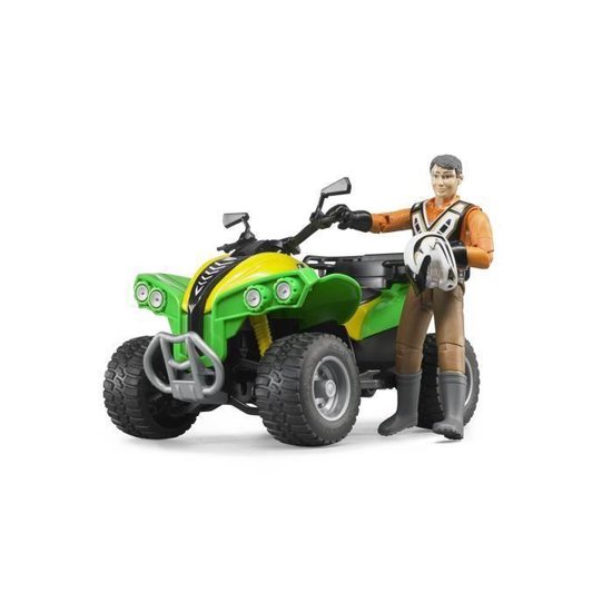 Groene en gele quad met coureur in oranje vest, die een helm vasthoudt.