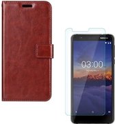 hoesje Geschikt voor: Nokia 3.1 Portemonnee bruin met 2 stuks Glas Screen protector