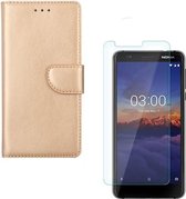 Nokia 3.1 Portemonnee hoesje Goud met 2 stuks Glas Screen protector