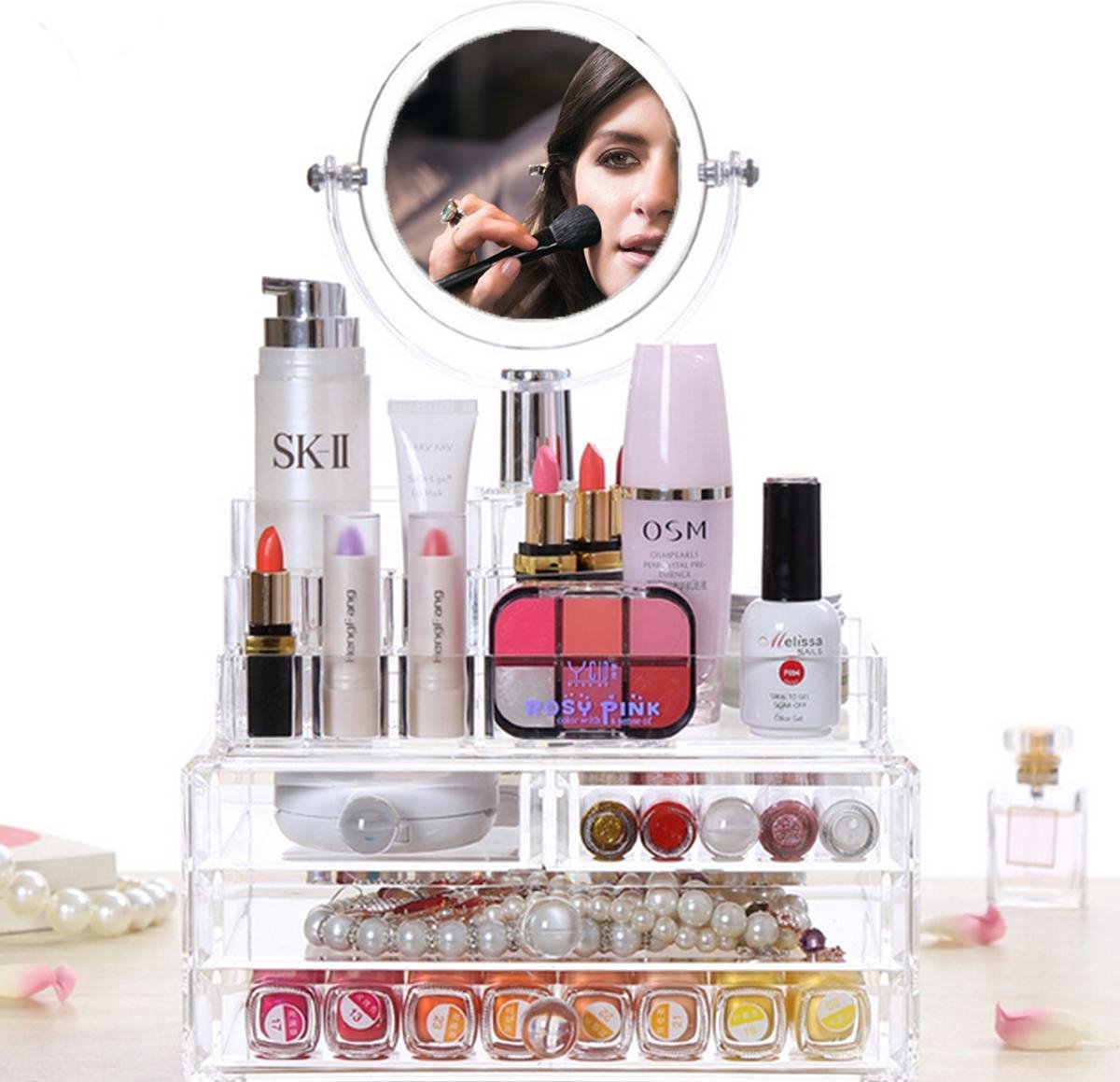 AWEMOZ® Opbergbox - Beauty Organizer - Make-Up Spiegel - Moederdag Cadeautje - 20 Opbergvakken - AWEMOZ