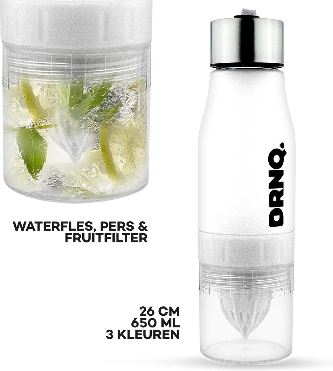 DRNQ. Drinkfles Fruitfilter waterfles met Sap Recepten - 650ml - Vaatwasser bestendig - Frost White