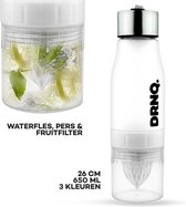 DRNQ. Drinkfles Fruitfilter waterfles met Sap Recepten - 650ml - Vaatwasser bestendig - Frost White