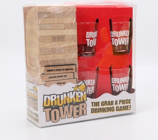 Drunkentower - Drinkspel - Wiebel toren - shot spel - Inclusief 4 Shotglazen - Yanga - Tipsy Tower - Houten Blokjes - Actie Spel - Spanning - Spelletjes - Lachen - Party Game - Klassiek spel - 18+ - Party time - borrelen - Drinking Games - Indrinken