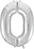 Folie ballon XL cijfer 0 zilver kleur is + - 1 meter groot  groot  inclusief een flamingo sleutelhanger
