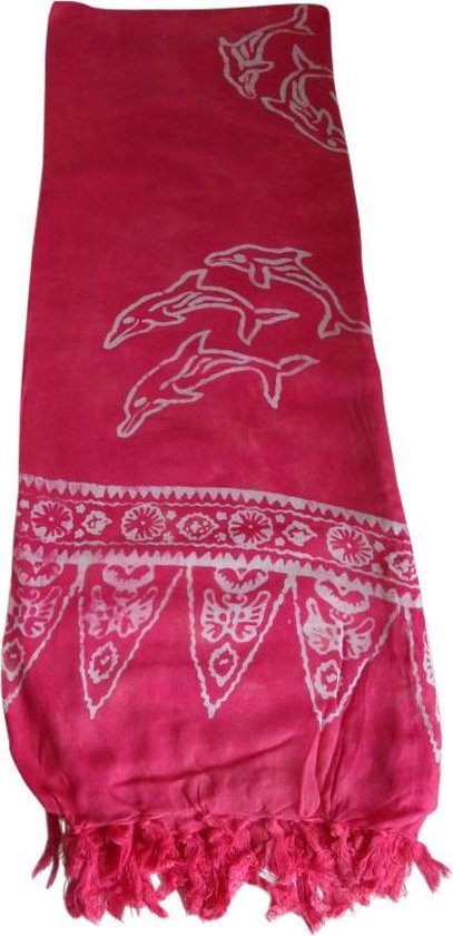 Hamamdoek, pareo, sarong, yogadoek, wikkelrok, saunadoek, lengte 115 cm breedte 165 cm figuren dolfijnen kleuren roze wit versierd met franjes.