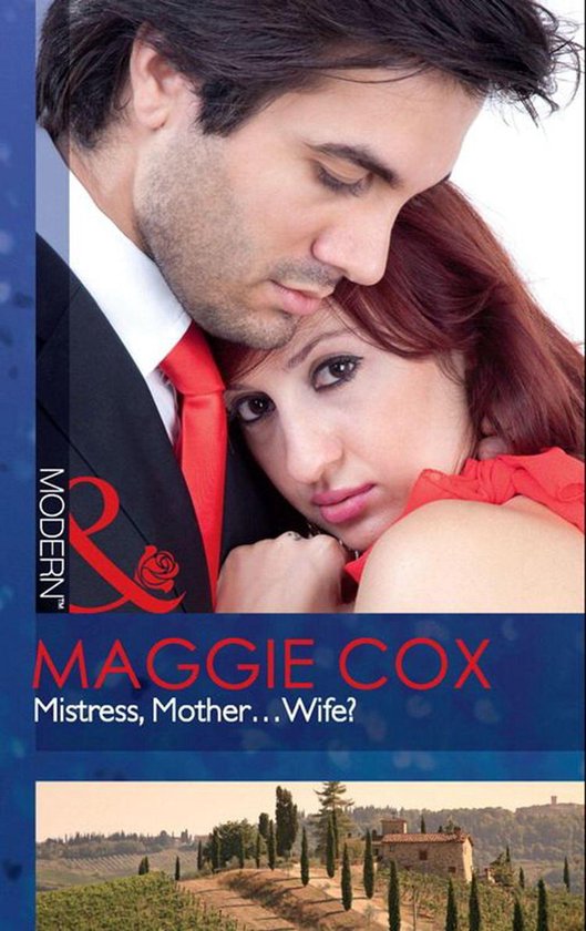 Een man in pak met rode stropdas omhelst een vrouw met rood haar. Titel: Mistress, Mother...Wife? MAGGIE COX.