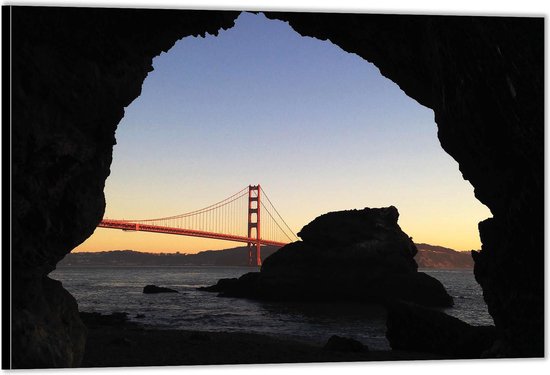 Dibond –Golden Gate Bridge met Zonsondergang– 150x100 Foto op Aluminium (Wanddecoratie van metaal)