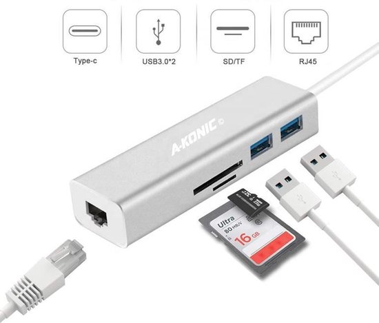 A-KONIC© USB C Naar Ethernet Lan Netwerk Adapter, 2X USB 3.0 + Micro / SD Kaartlezer | 5 in 1 USB-C To Internet RJ45 Poort + 2 USB 3.0 poorten & Micro/Sd Card Reader | Gigabit 10/100/1000 Mbps | Dell XPS | Lenovo | Asus | HP | Zilver - A-Konic